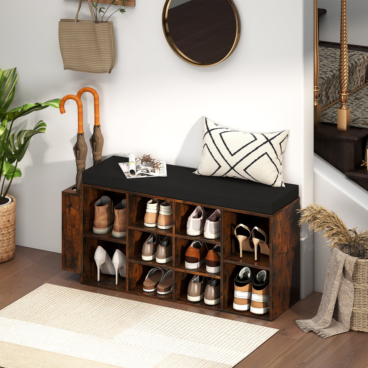 Shoe Storage Bench with Umbrella Stand 10-Cubby Entryway Shoe Rack Organizer-Rustic Brown