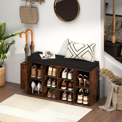 Shoe Storage Bench with Umbrella Stand 10-Cubby Entryway Shoe Rack Organizer-Rustic Brown