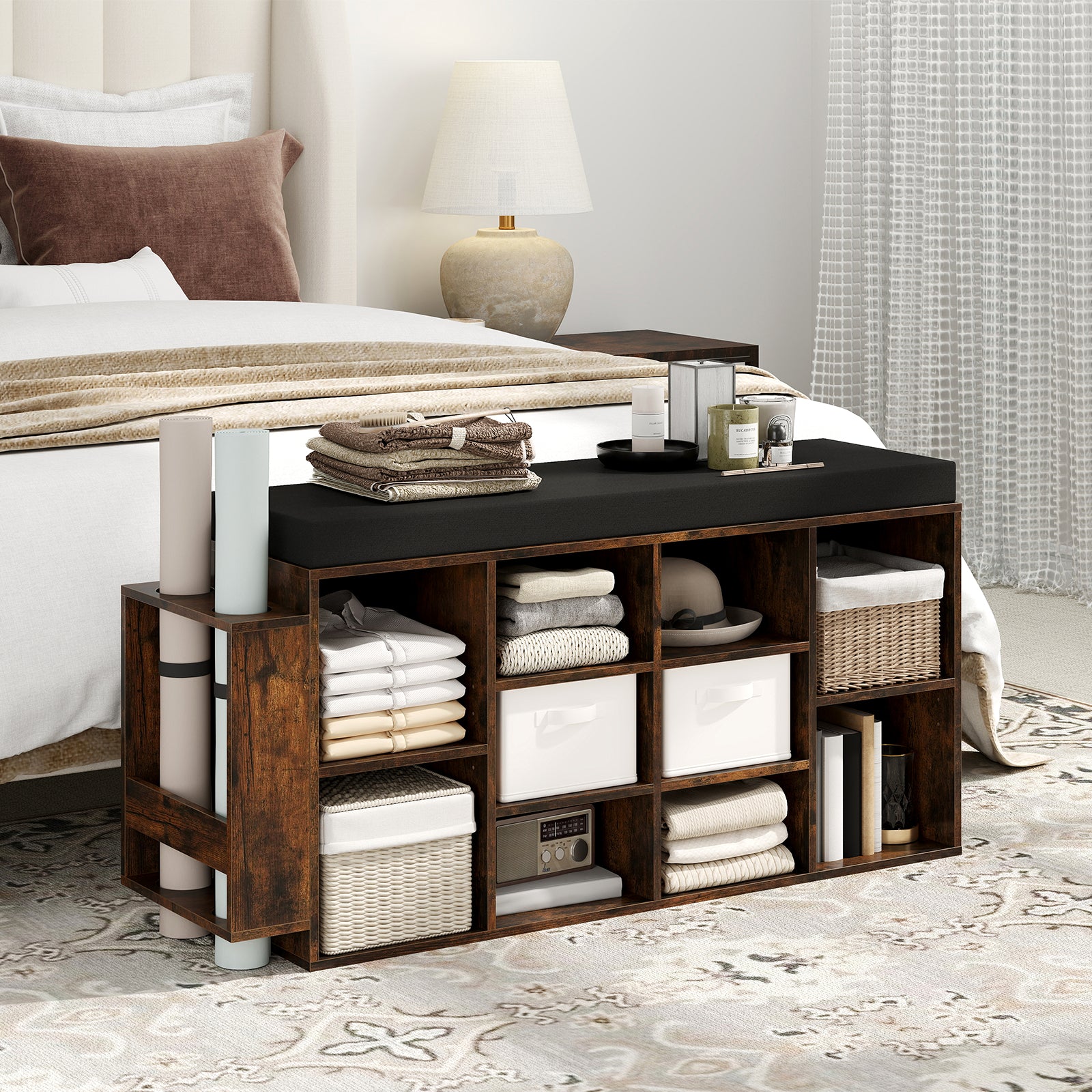 Shoe Storage Bench with Umbrella Stand 10-Cubby Entryway Shoe Rack Organizer-Rustic Brown