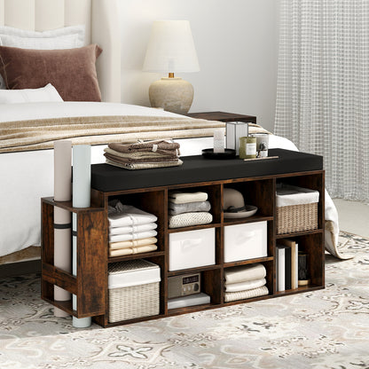Shoe Storage Bench with Umbrella Stand 10-Cubby Entryway Shoe Rack Organizer-Rustic Brown