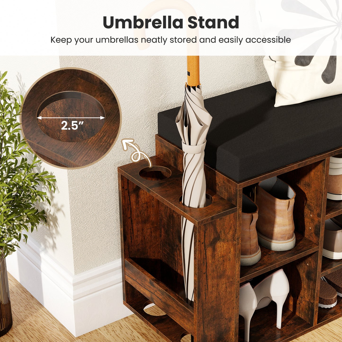 Shoe Storage Bench with Umbrella Stand 10-Cubby Entryway Shoe Rack Organizer-Rustic Brown