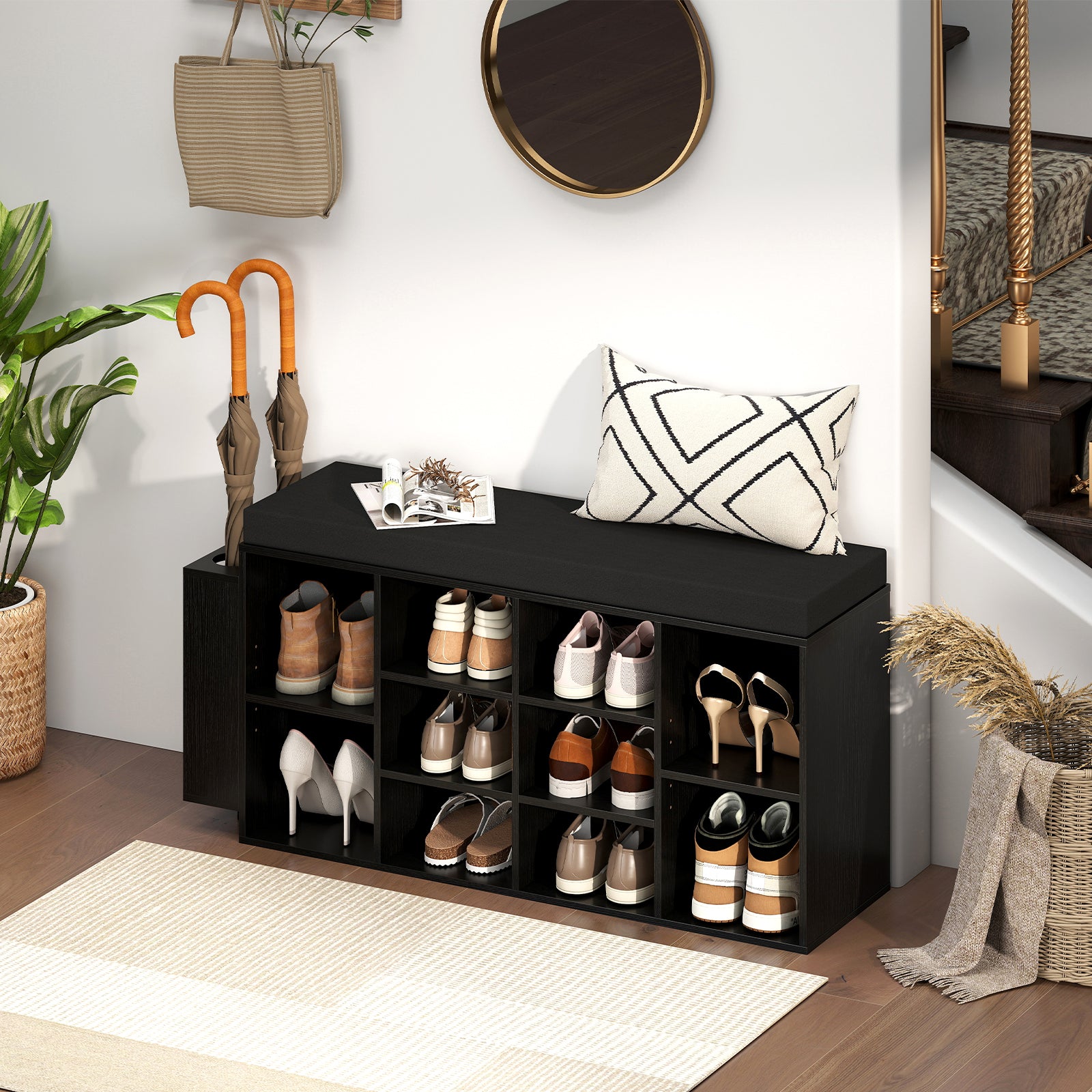 Shoe Storage Bench with Umbrella Stand 10-Cubby Entryway Shoe Rack Organizer-Black
