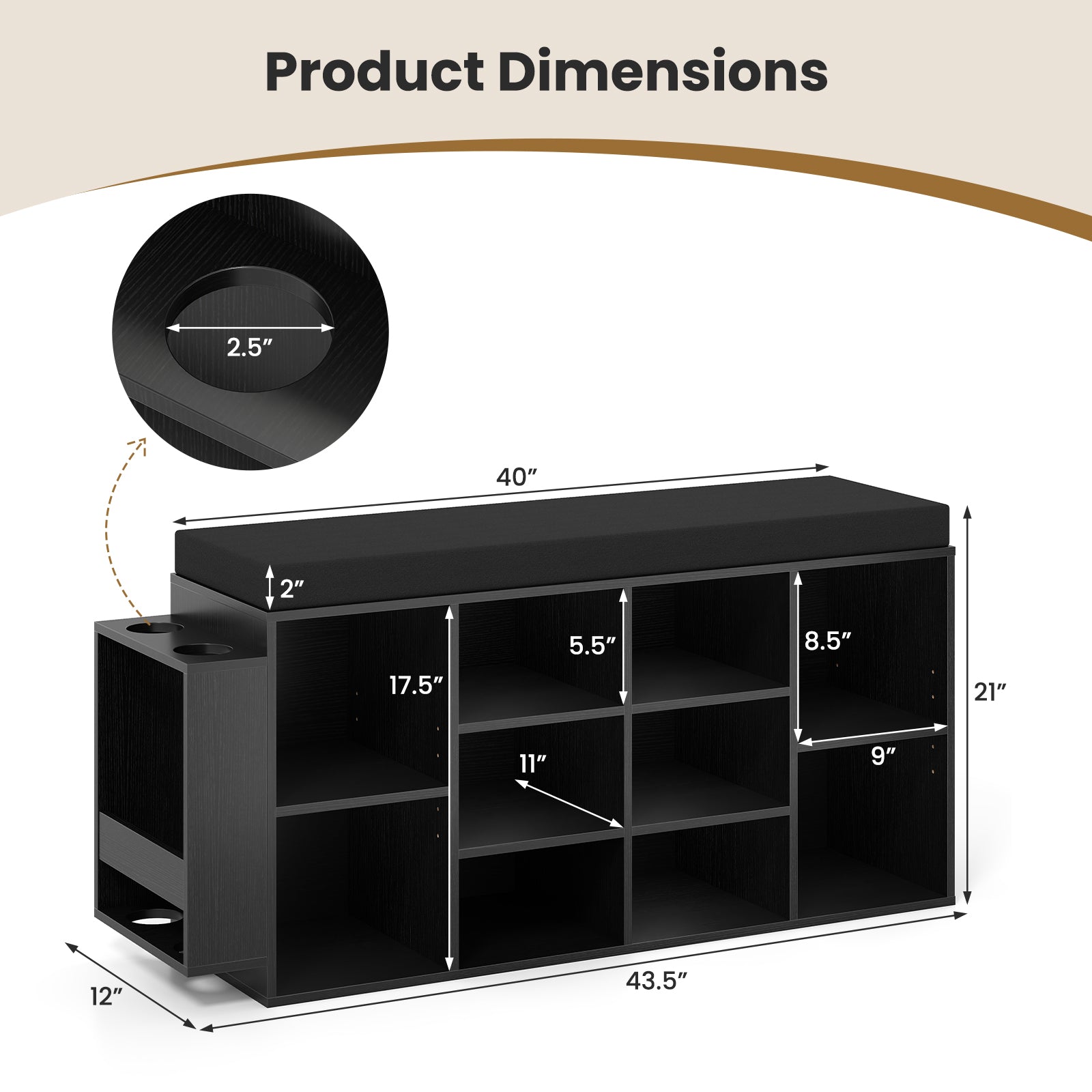 Shoe Storage Bench with Umbrella Stand 10-Cubby Entryway Shoe Rack Organizer-Black