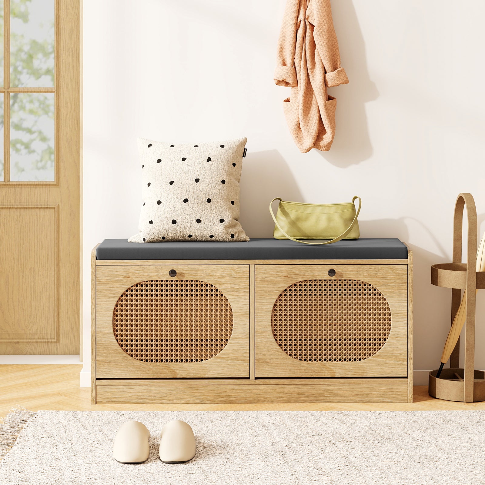 Shoe Storage Bench with Cushion Entryway Rattan Shoe Bench-Natural