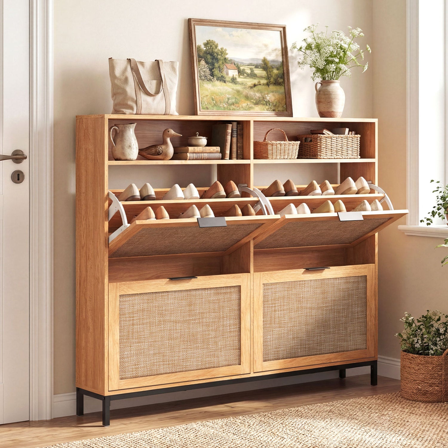 Shoe Storage Cabinet with 4 Flip Drawers Narrow Freestanding Shoe Organizer with Adjustable Shelves