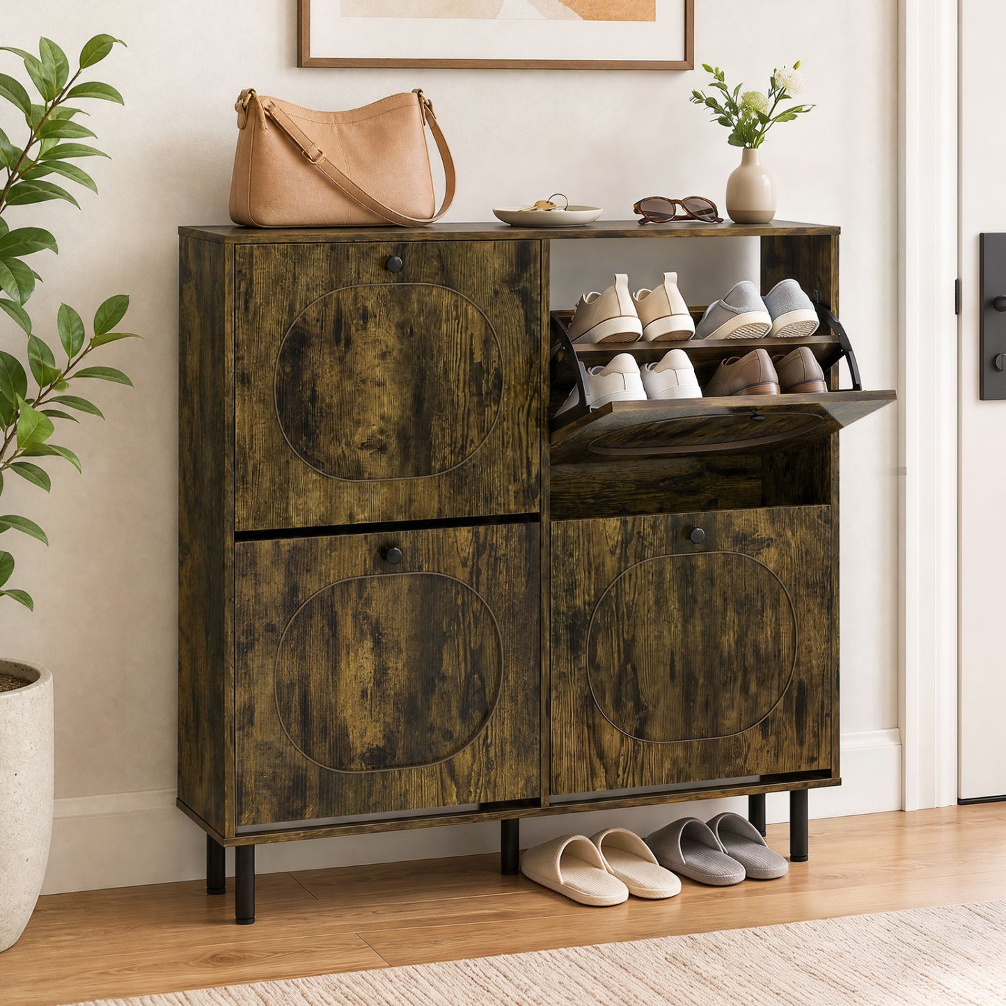 Shoe Storage Cabinet with 4 Flip Drawers - Rustic Brown