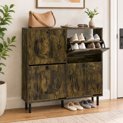 Shoe Storage Cabinet with 4 Flip Drawers - Rustic Brown