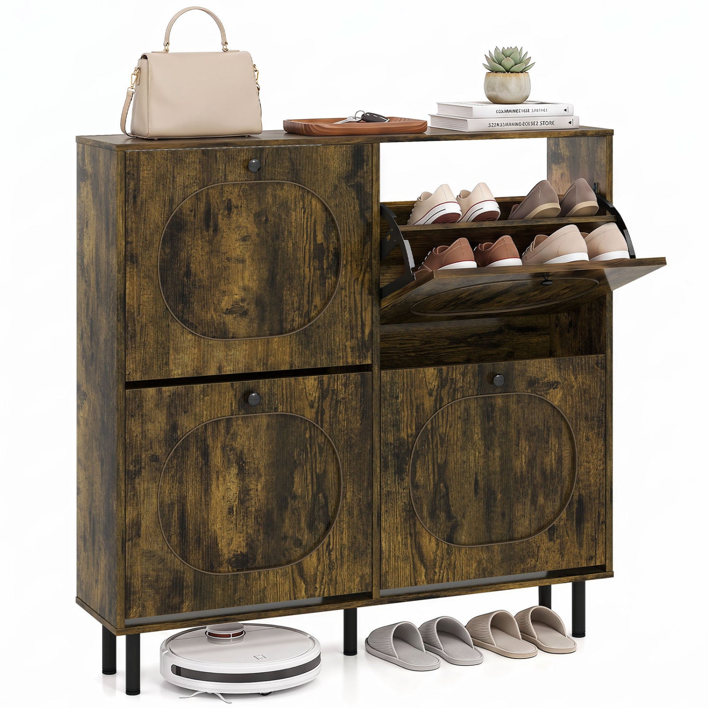 Shoe Storage Cabinet with 4 Flip Drawers - Rustic Brown