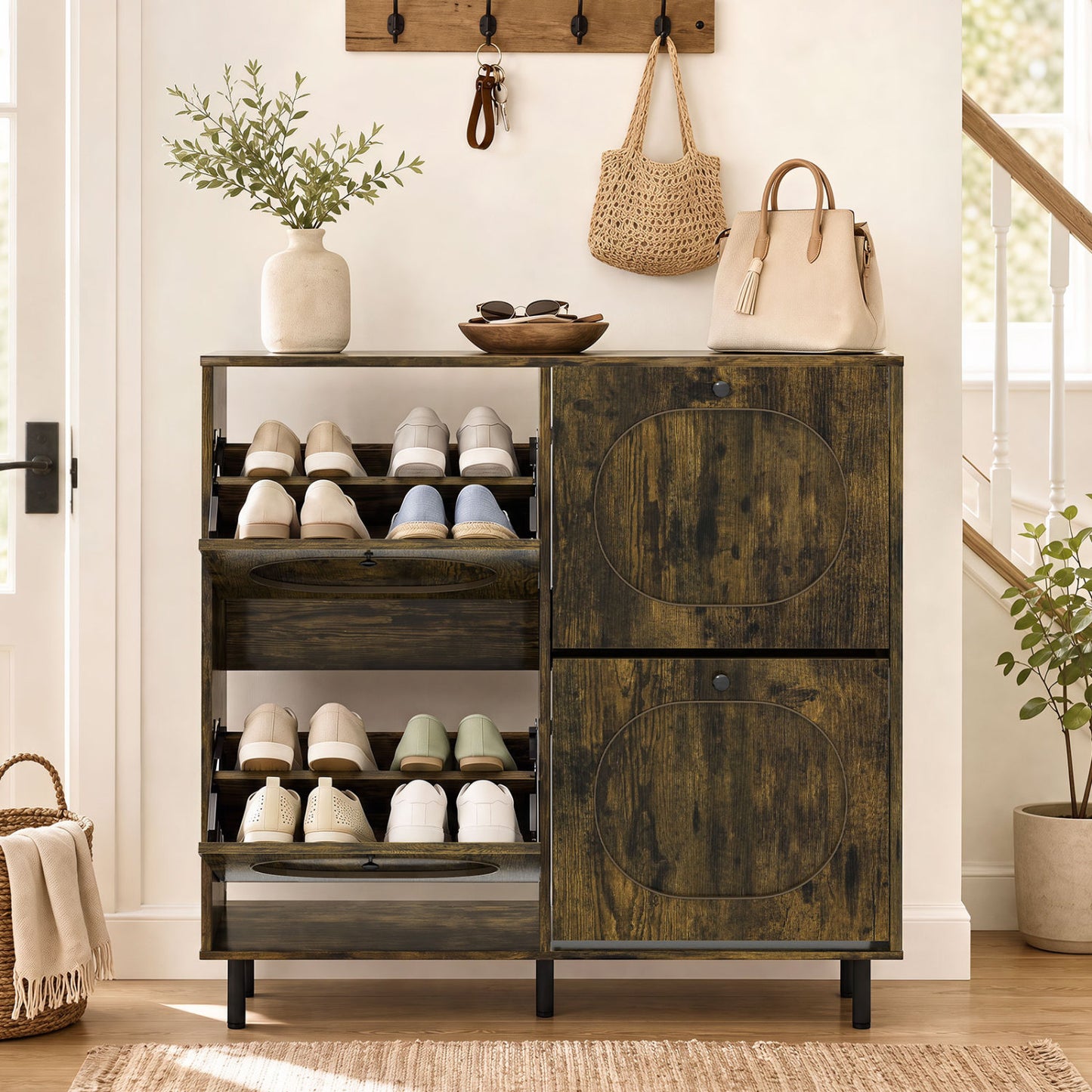 Shoe Storage Cabinet with 4 Flip Drawers - Rustic Brown