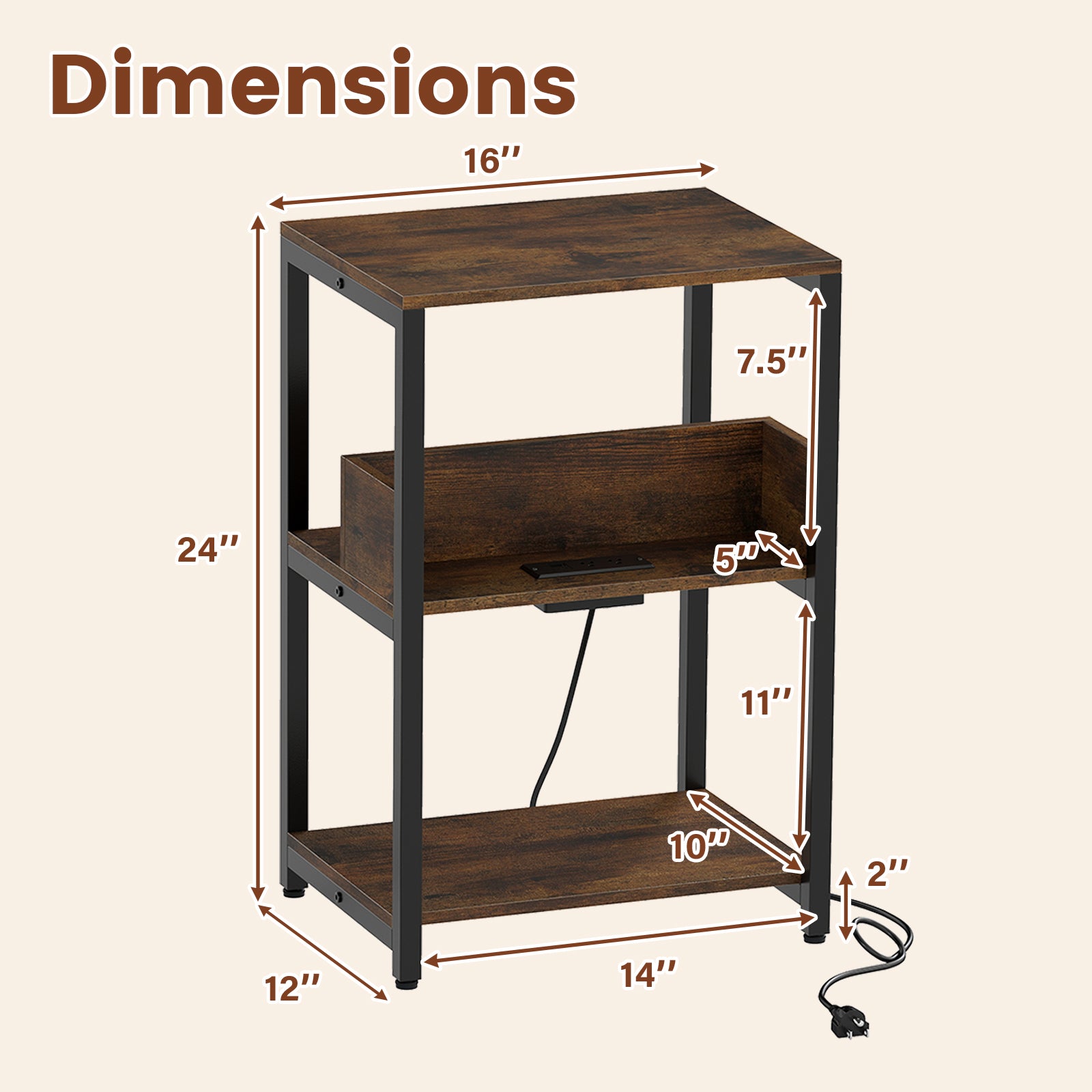 Side End Table with Charging Station and Open Shelves-Rustic Brown