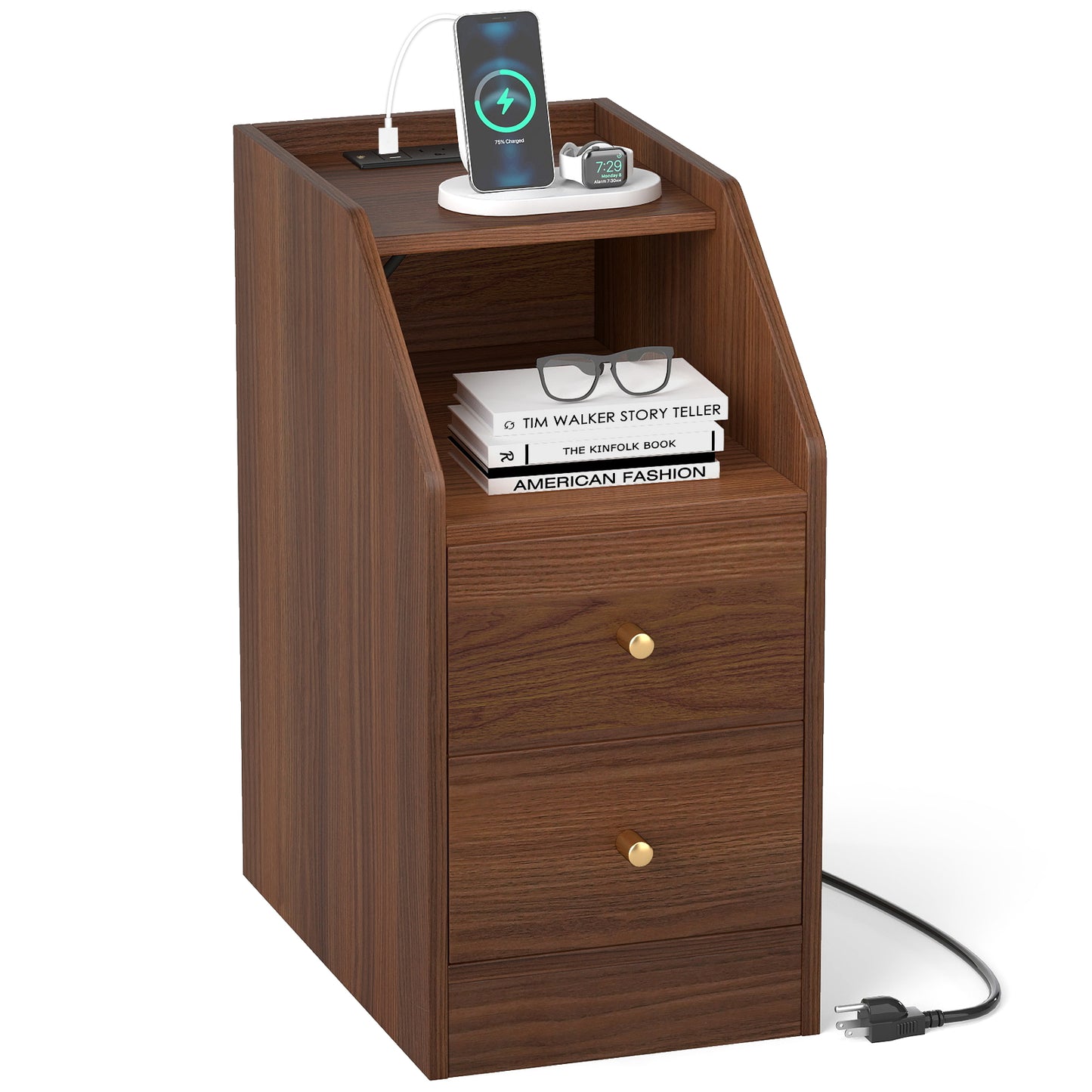 Side End Table with Charging Station Sofa Couch Table with Shelf Drawers-Walnut