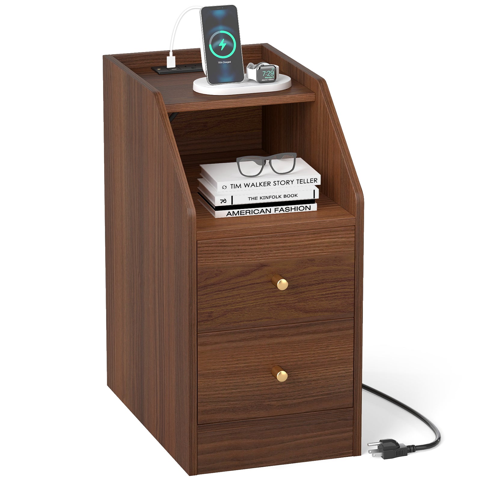 Side End Table with Charging Station Sofa Couch Table with Shelf Drawers-Walnut