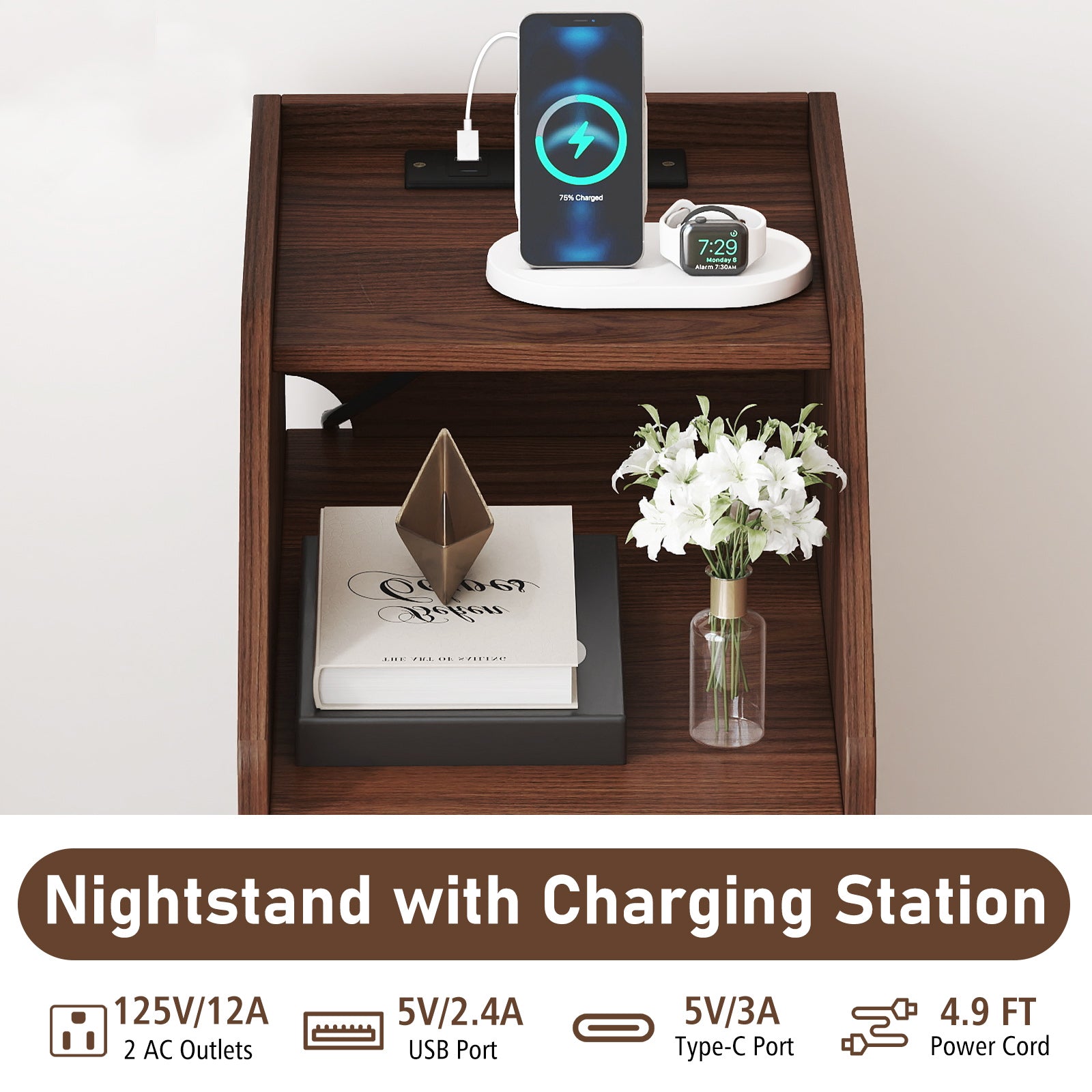 Side End Table with Charging Station Sofa Couch Table with Shelf Drawers-Walnut