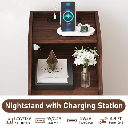 Side End Table with Charging Station Sofa Couch Table with Shelf Drawers-Walnut