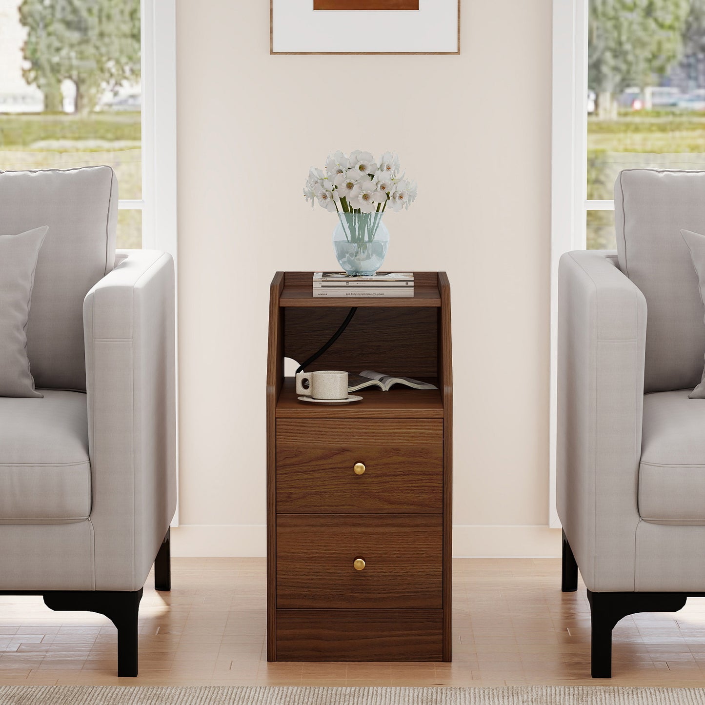 Side End Table with Charging Station Sofa Couch Table with Shelf Drawers-Walnut