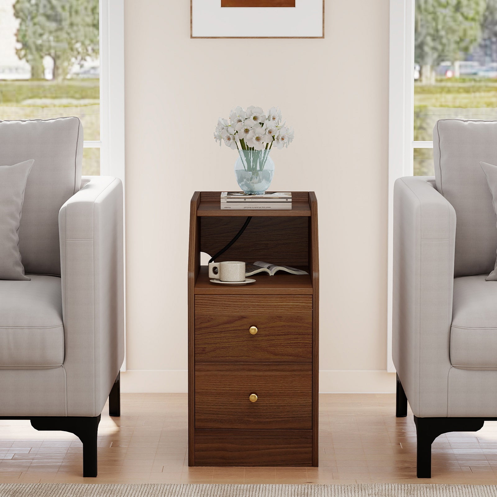 Side End Table with Charging Station Sofa Couch Table with Shelf Drawers-Walnut