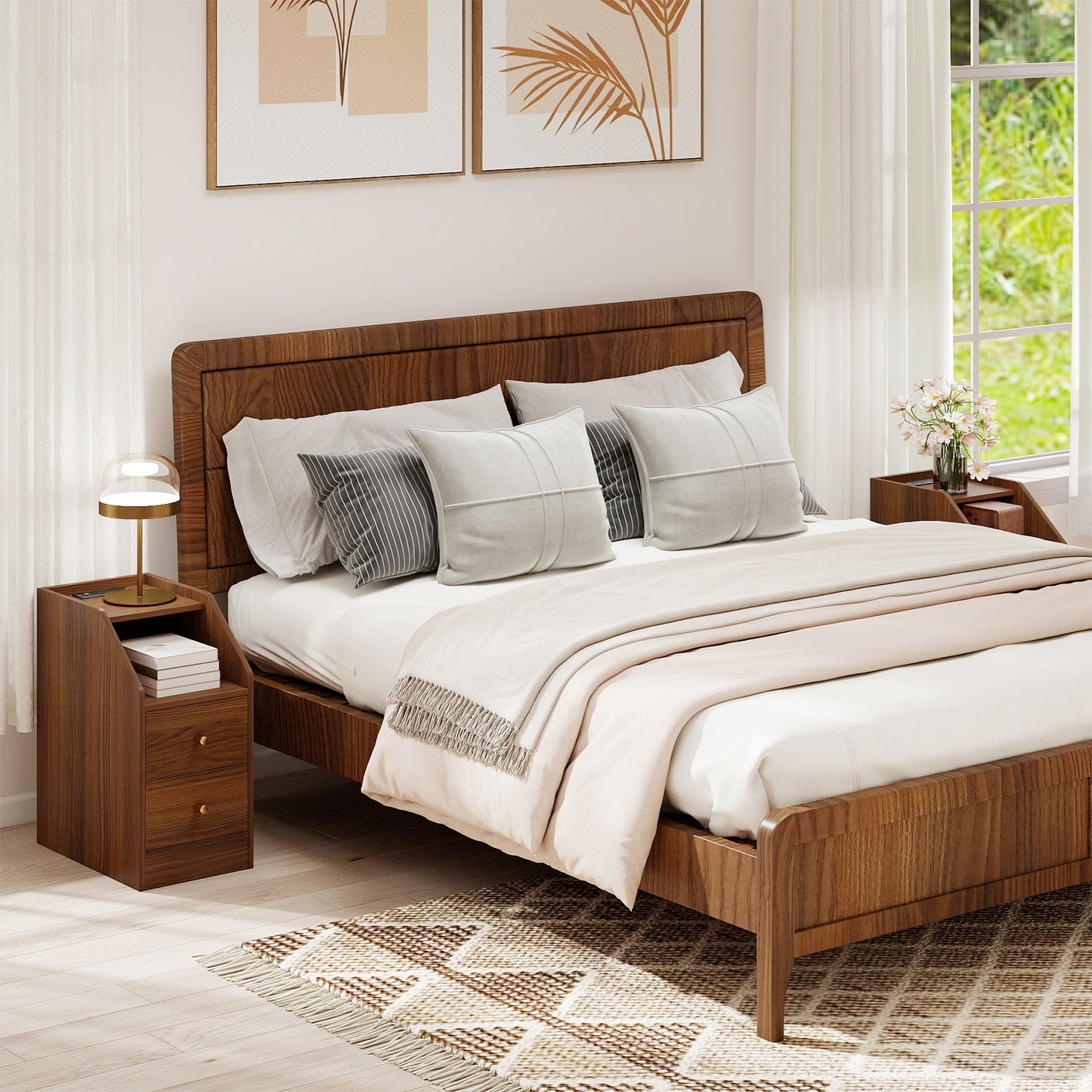Side End Table with Charging Station Sofa Couch Table with Shelf Drawers-Walnut