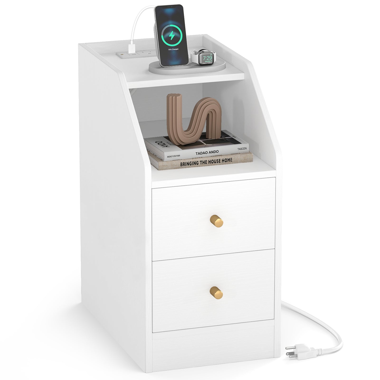Side End Table with Charging Station Sofa Couch Table with Shelf Drawers-White