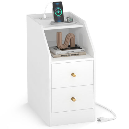 Side End Table with Charging Station Sofa Couch Table with Shelf Drawers-White