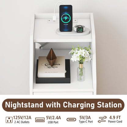 Side End Table with Charging Station Sofa Couch Table with Shelf Drawers-White