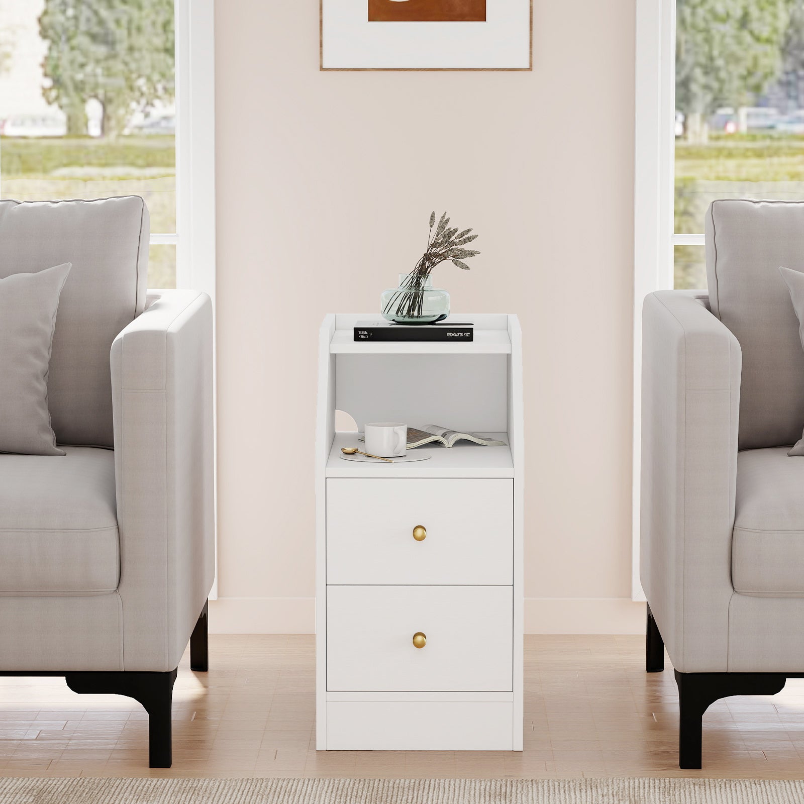 Side End Table with Charging Station Sofa Couch Table with Shelf Drawers-White