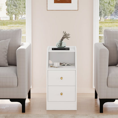 Side End Table with Charging Station Sofa Couch Table with Shelf Drawers-White