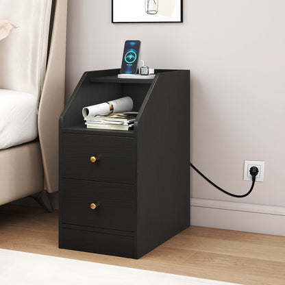 Side End Table with Charging Station Sofa Couch Table with Shelf Drawers-Black