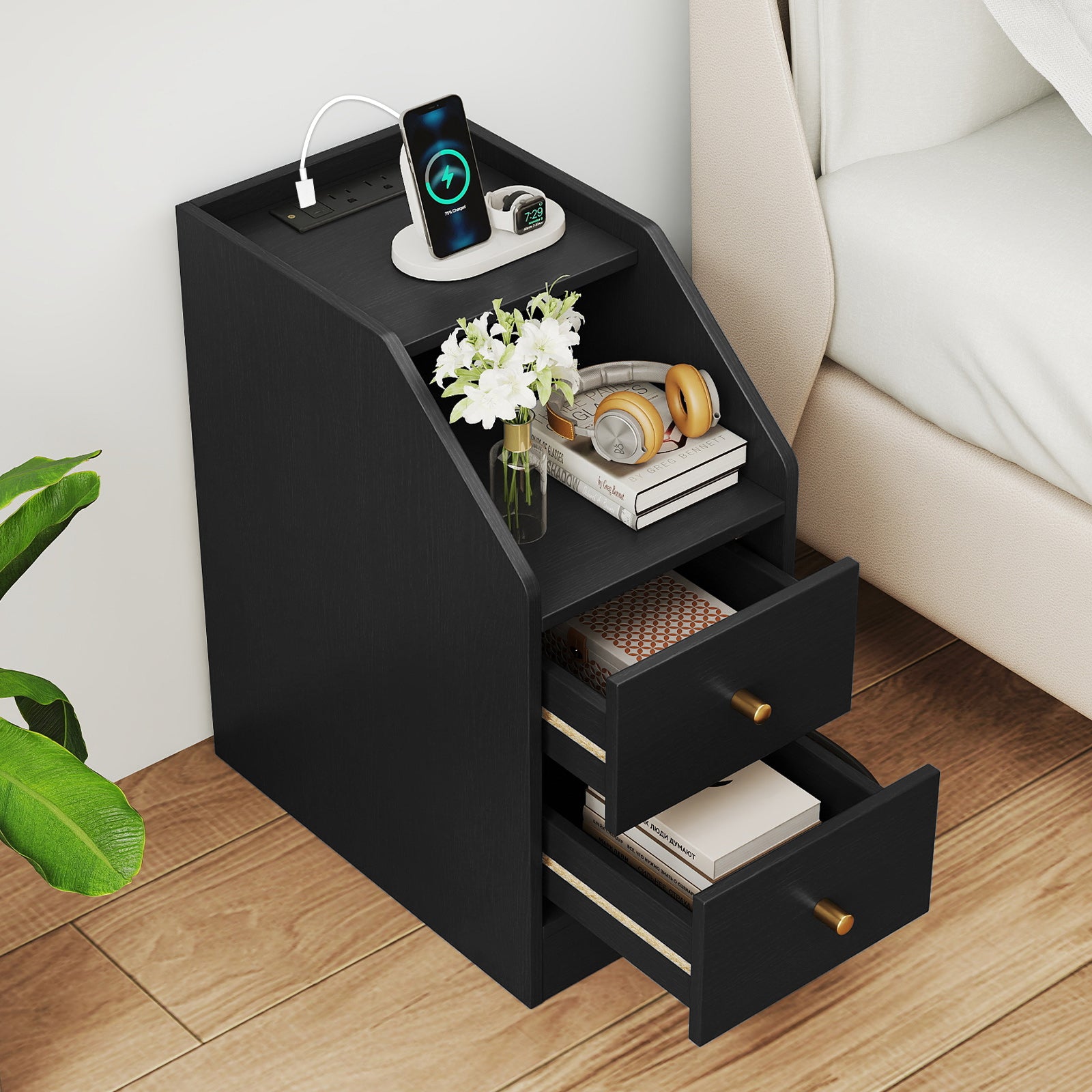 Side End Table with Charging Station Sofa Couch Table with Shelf Drawers-Black