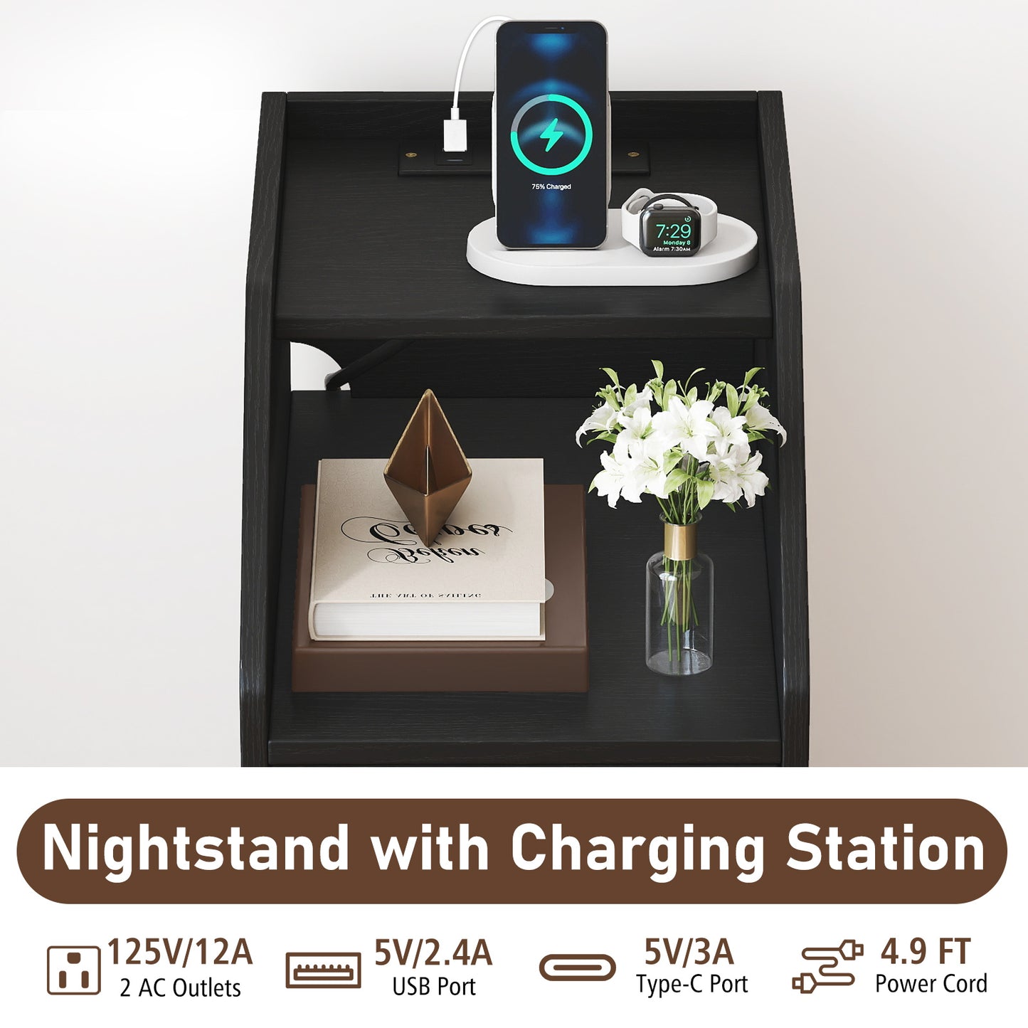 Side End Table with Charging Station Sofa Couch Table with Shelf Drawers-Black