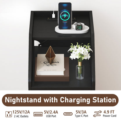 Side End Table with Charging Station Sofa Couch Table with Shelf Drawers-Black