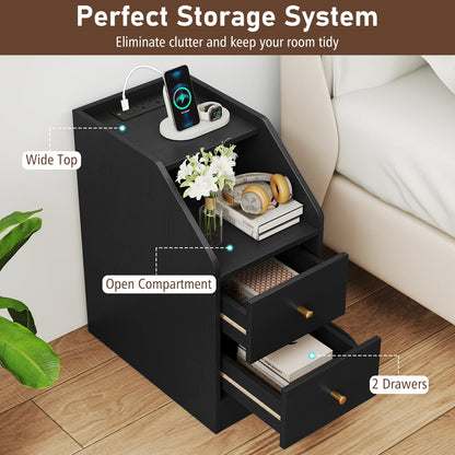 Side End Table with Charging Station Sofa Couch Table with Shelf Drawers-Black