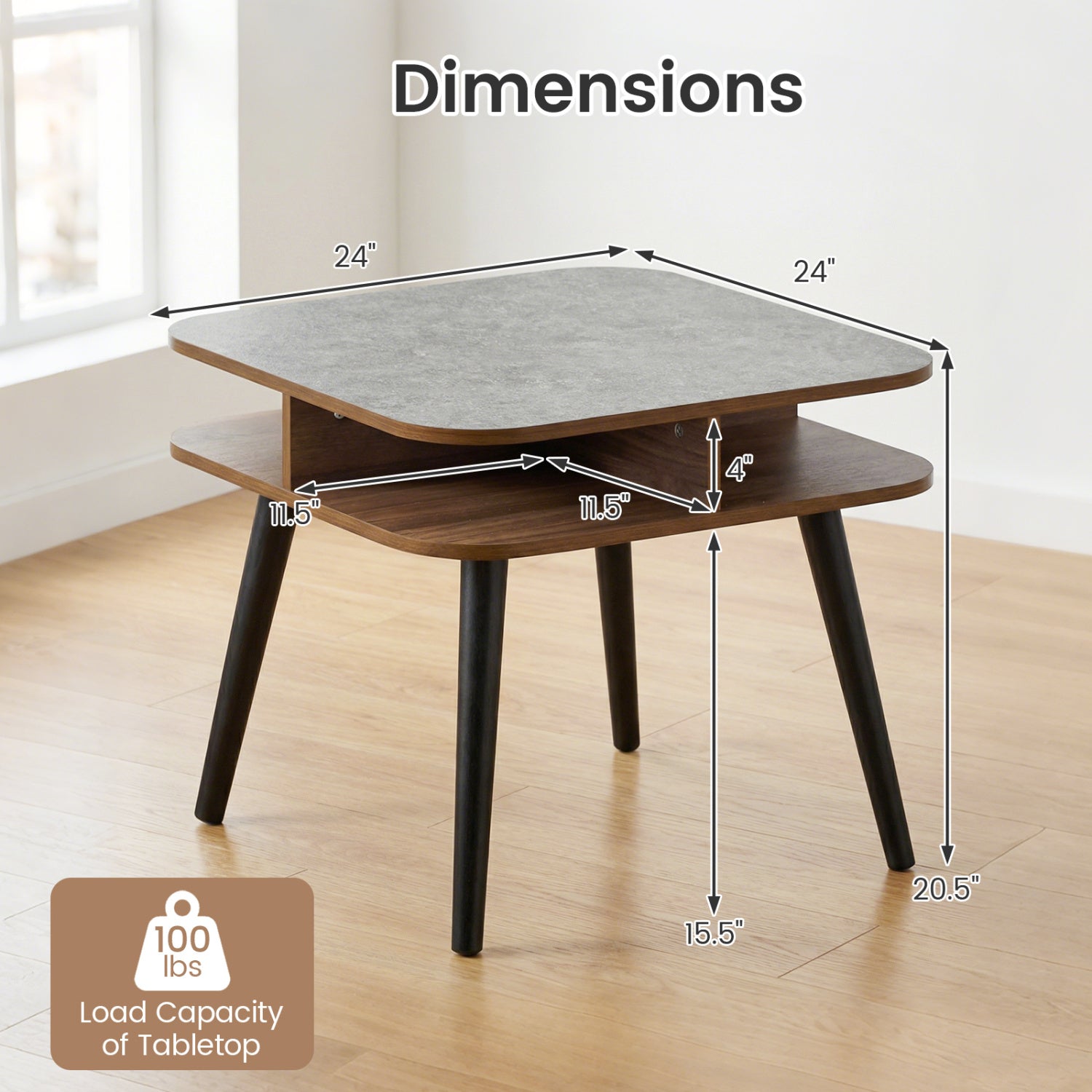 Side Table Faux Marble End Table with Storage Shelves and Rubber Wood Legs