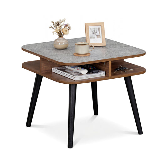 Side Table Faux Marble End Table with Storage Shelves and Rubber Wood Legs