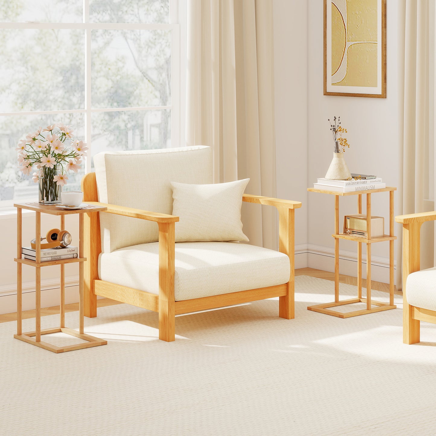 Side Table Set of 2 with Storage Shelves and Bamboo Construction-Natural
