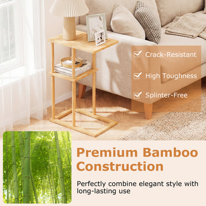 Side Table Set of 2 with Storage Shelves and Bamboo Construction-Natural