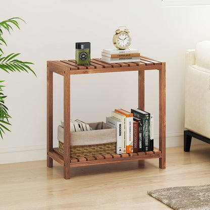 2/3-Tier Side Table Teak Wood Stand Utility Storage Shelf-2-tier