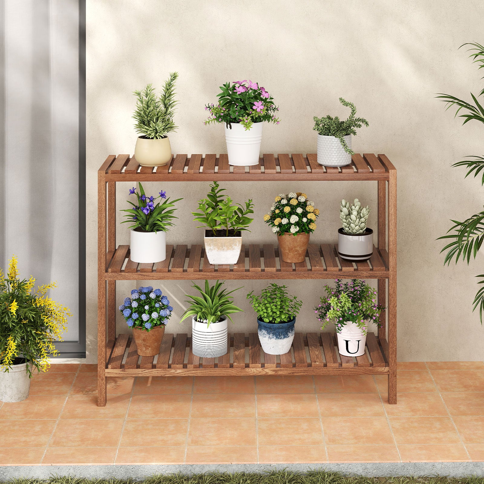 2/3-Tier Side Table Teak Wood Stand Utility Storage Shelf-3-Tier