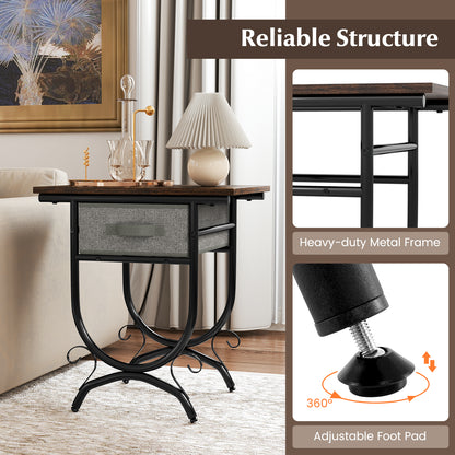 Side Table with Fabric Drawer and Carved Metal Frame for Living Room