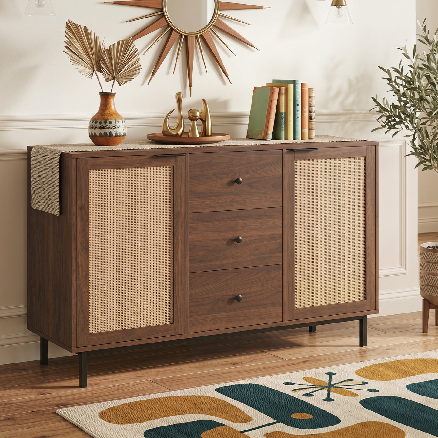 Sideboard Buffet Cabinet with Rattan Doors and 3 Drawers