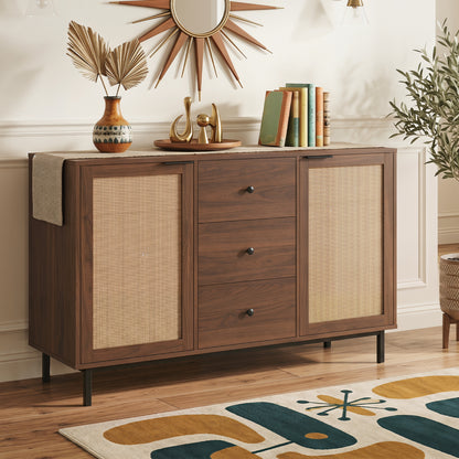 Sideboard Buffet Cabinet with Rattan Doors and 3 Drawers