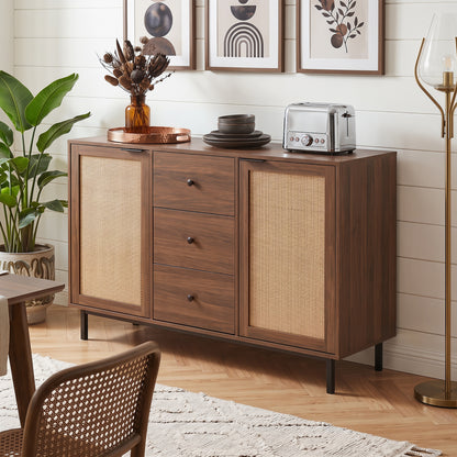 Sideboard Buffet Cabinet with Rattan Doors and 3 Drawers