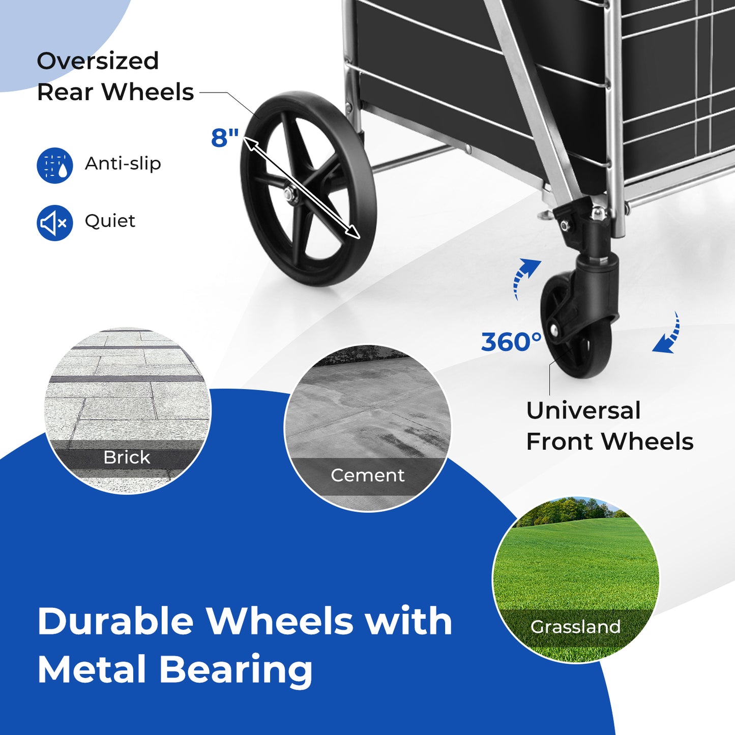 Folding Shopping Cart with Waterproof Liner Wheels and Basket-Silver