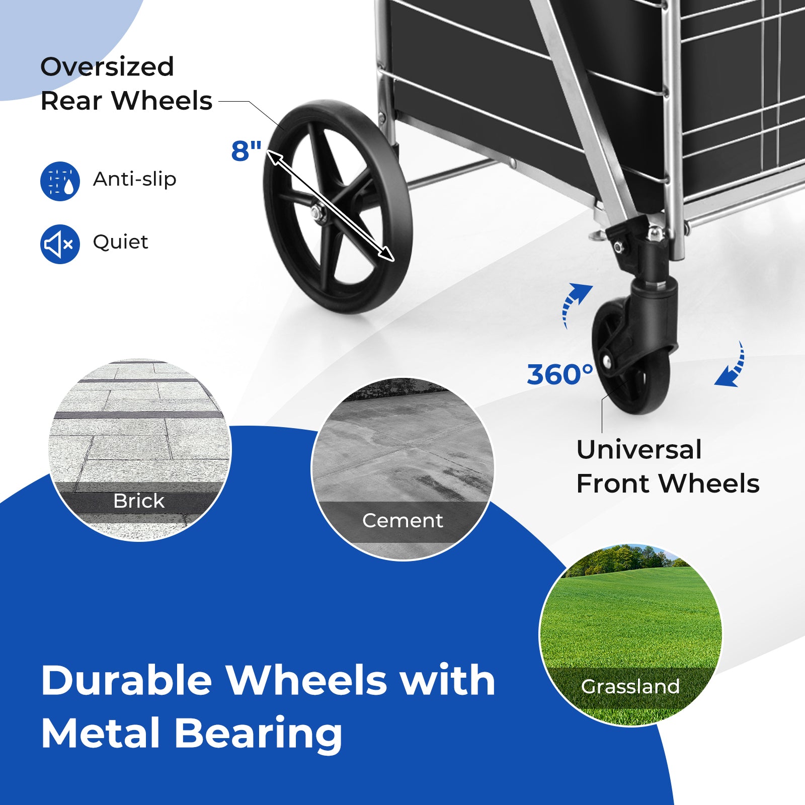 Folding Shopping Cart with Waterproof Liner Wheels and Basket-Silver
