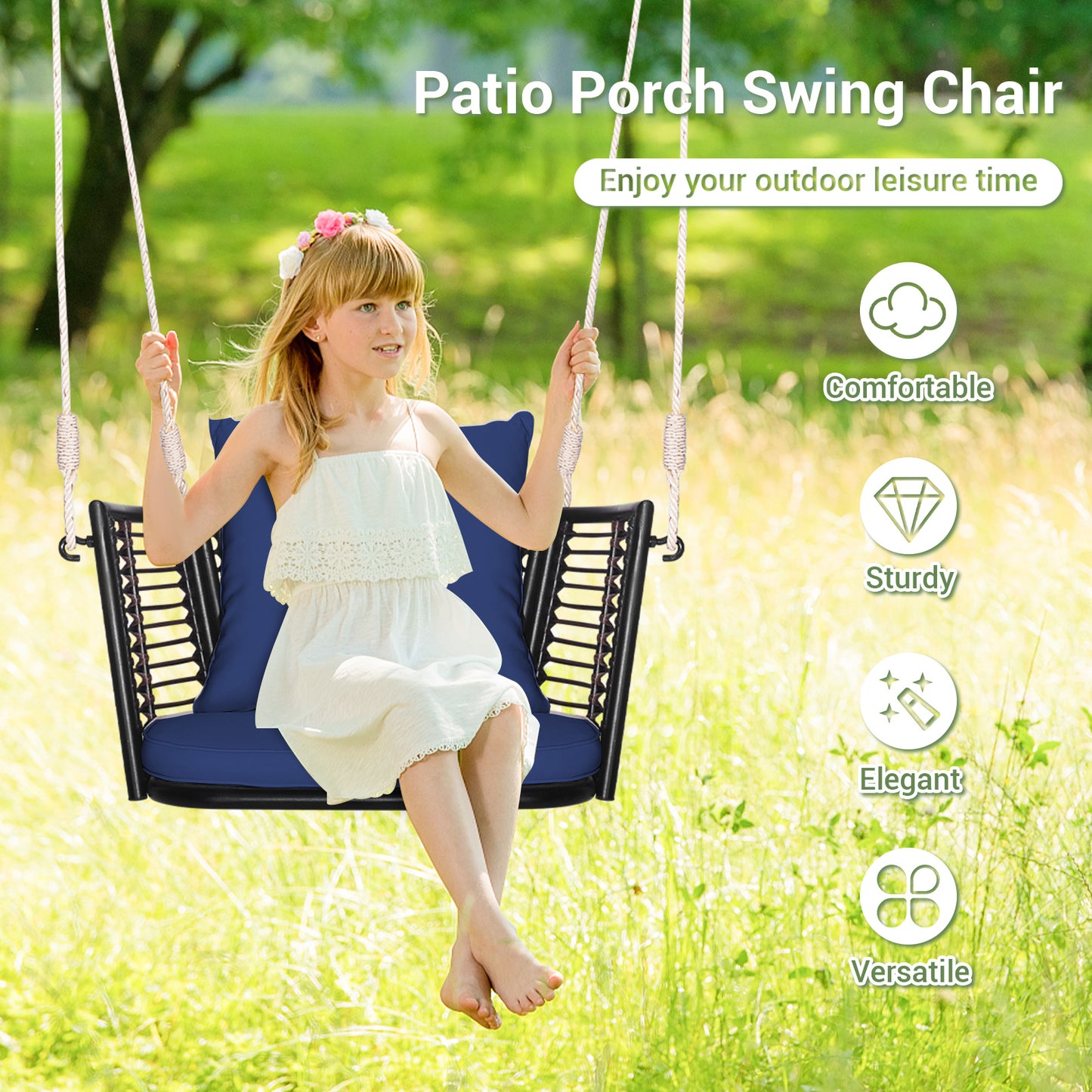 Single Person Hanging Seat with Woven Rattan Backrest for Backyard
