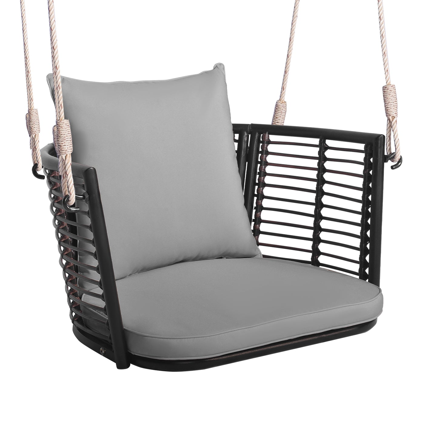 Single Person Hanging Seat with Woven Rattan Backrest for Backyard - Gray