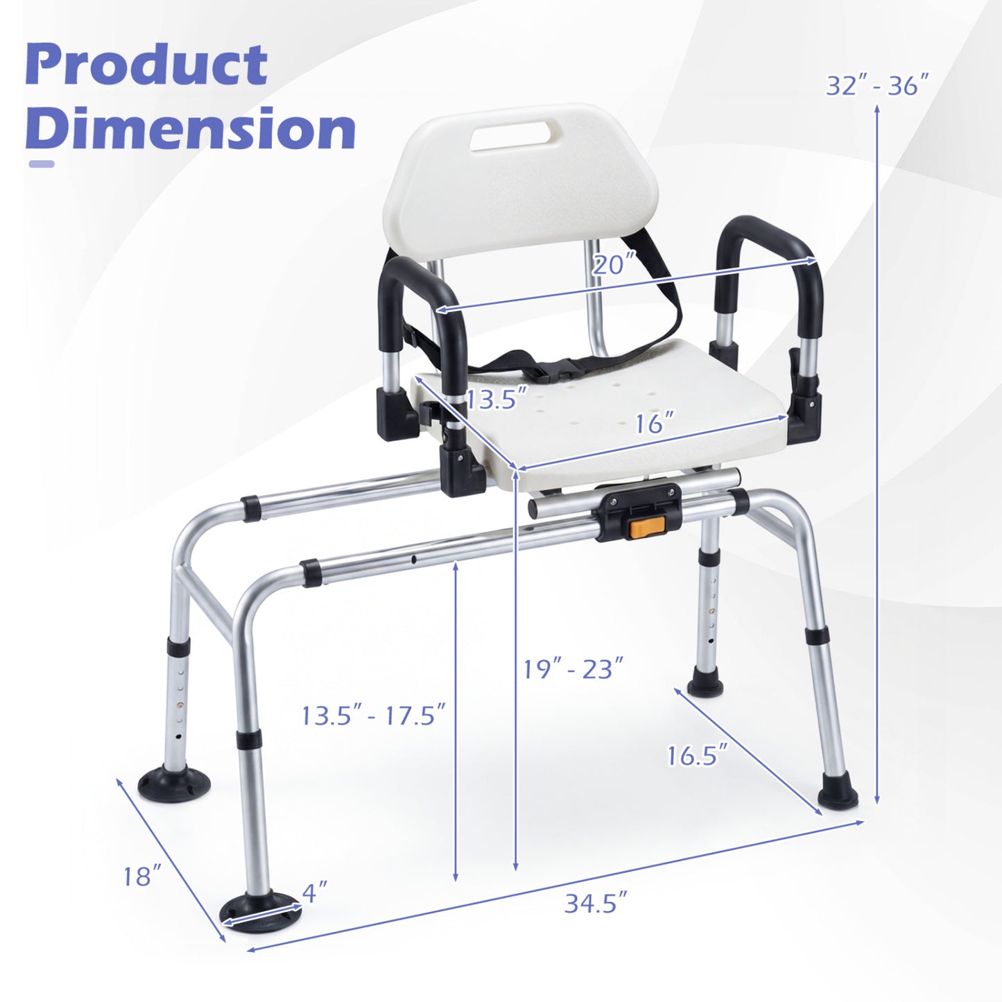 Sliding Shower Chair with Backrest and Swivel Seat for Handicap and Seniors