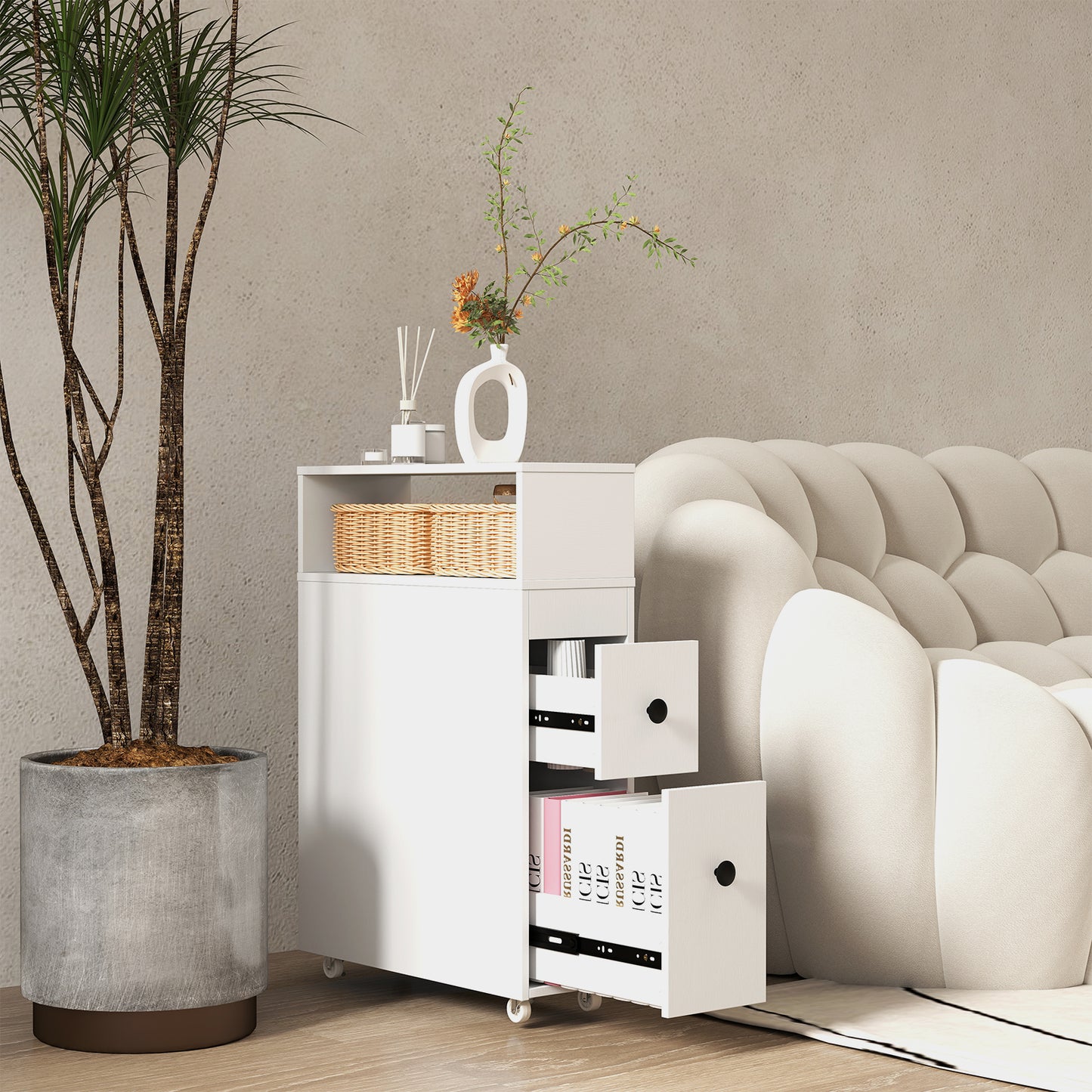 Slim Bathroom Cabinet Wooden Toilet Organizer with Deep Slide Out Drawers