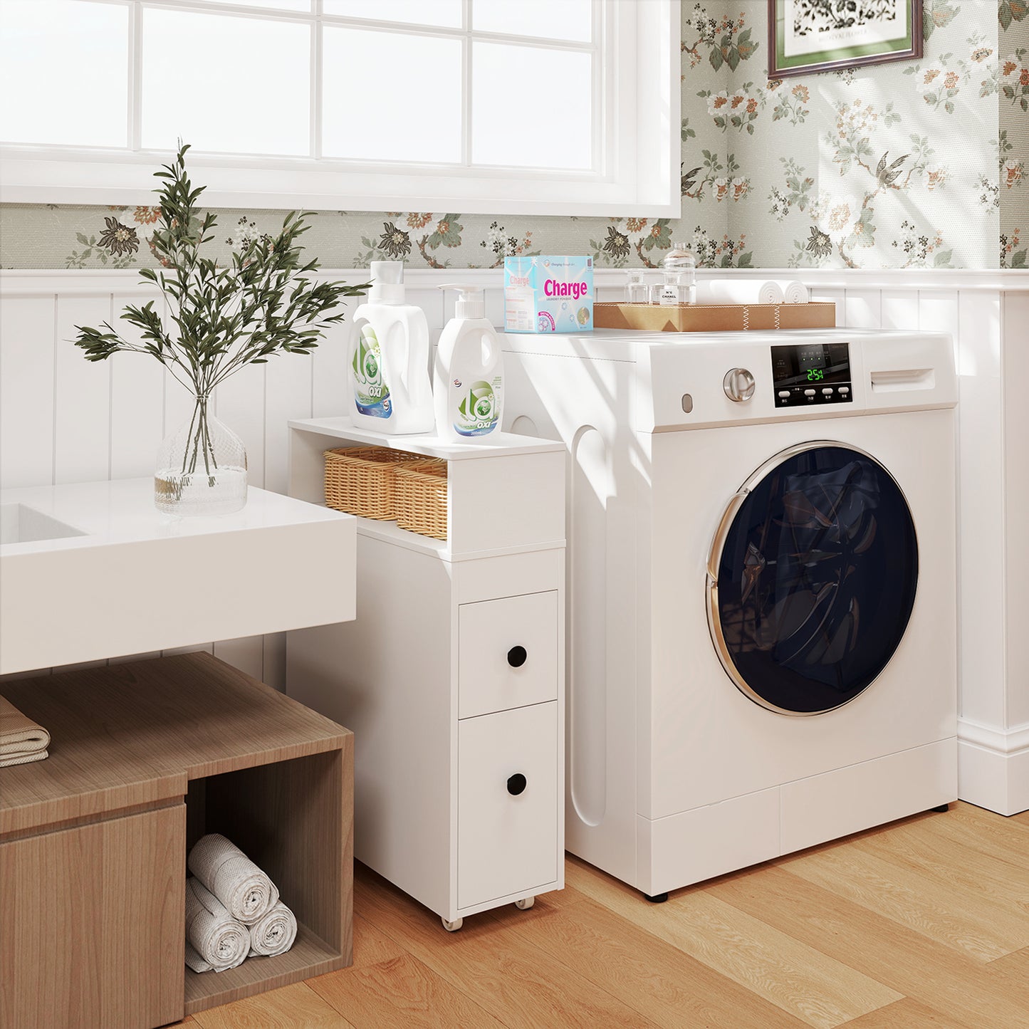 Slim Bathroom Cabinet Wooden Toilet Organizer with Deep Slide Out Drawers