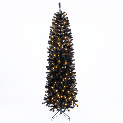7-8 FT Slim Black Pencil Christmas Tree with LED Lights