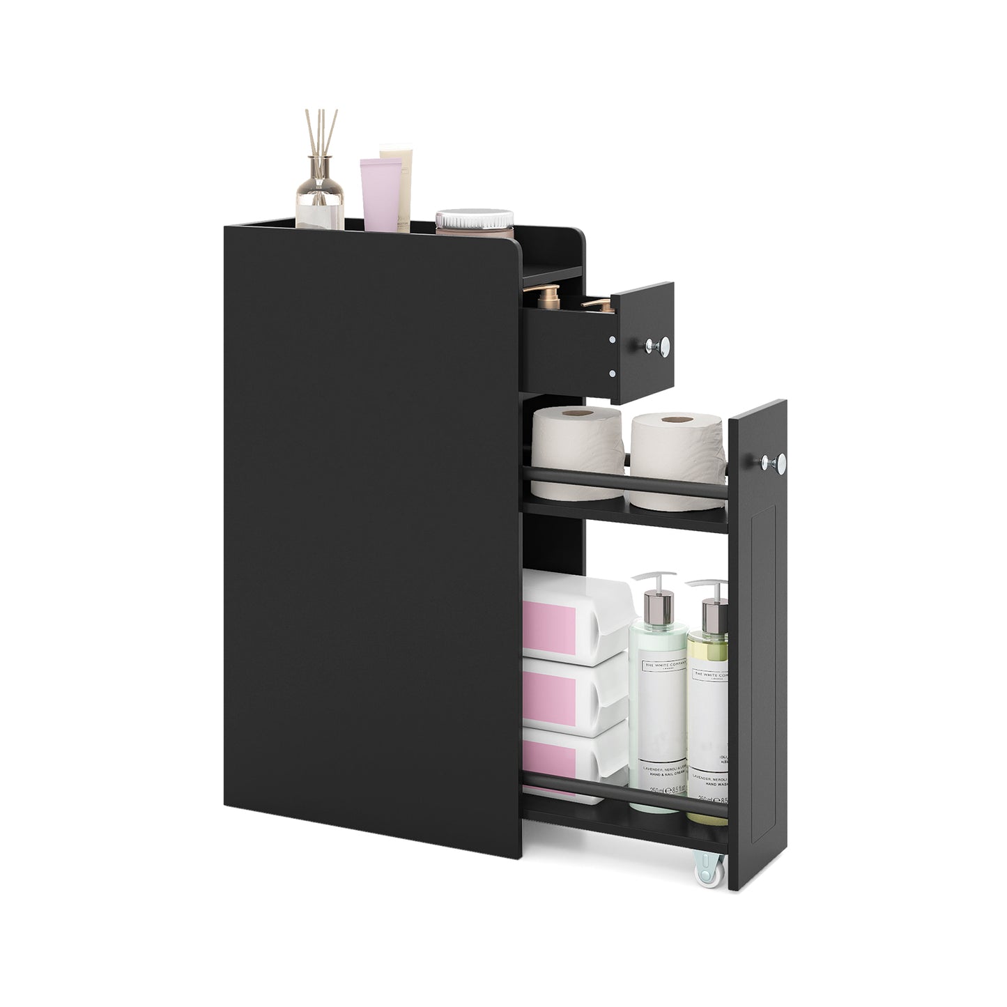 Small Bathroom Storage Cabinet 4-Tier with Slide Out Drawers on Casters-Black